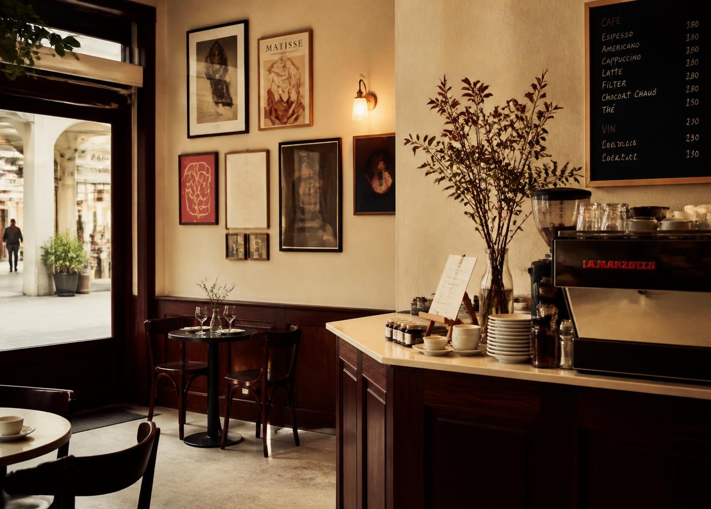 Innenraum des Art-Cafés Pinsel & Bohne mit Bildern an der Wand und Siebträgermaschine