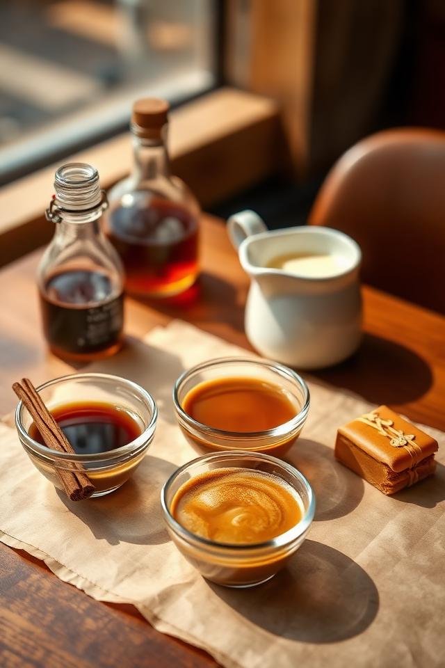 Sirups, Milchkännchen und Gewürze für Kaffee