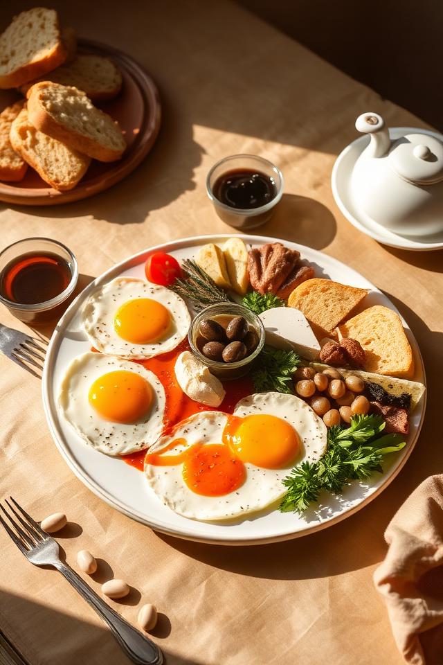 Reich gedeckter Frühstücksteller mit Eiern, Käse und Brot
