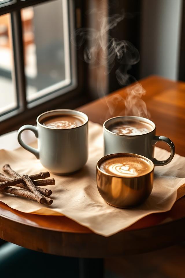 Dampfende Tassen mit heißer Schokolade und Chai