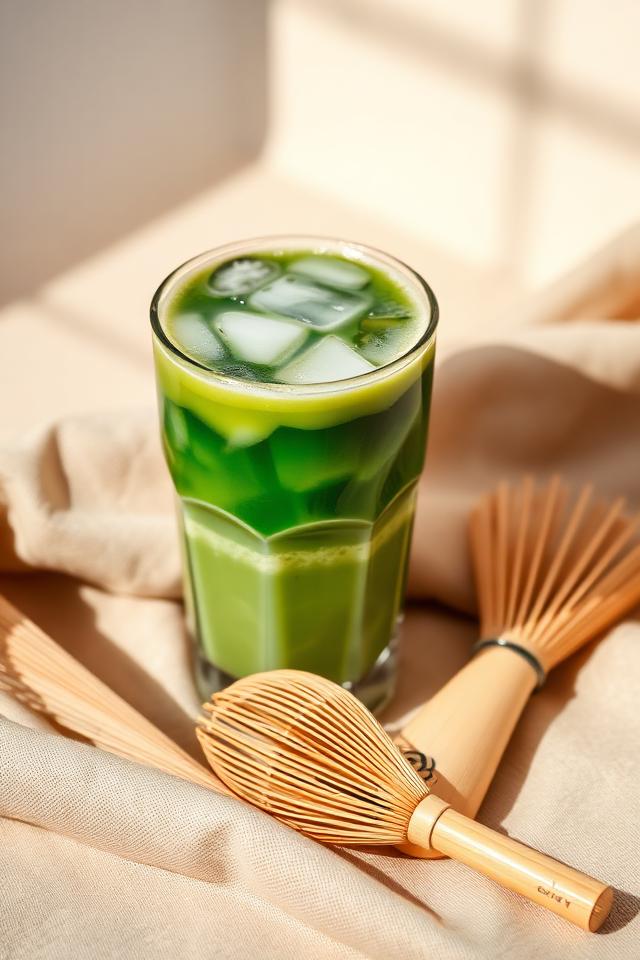 Iced Matcha Latte mit Bambusbesen