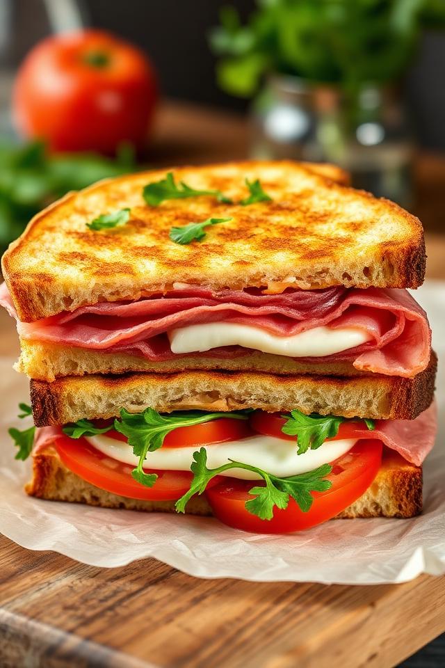 Gegrilltes Panini mit Schinken, Mozzarella und Tomate